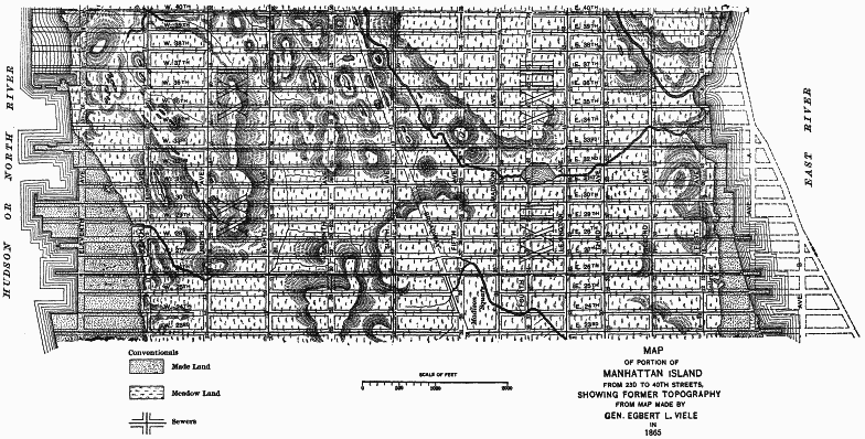 PLATE IX.—Map of Portion of Manhattan Island from 23d to 40th Streets, Showing Former Topography From Map Made by Gen. Egbert L. Viele in 1865