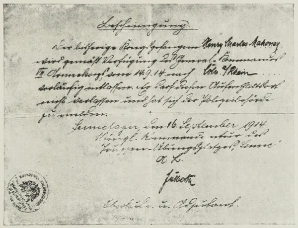 Facsimile of the Pass issued by the German authorities to the author on his leaving Sennelager for Cöln-on-Rhein.