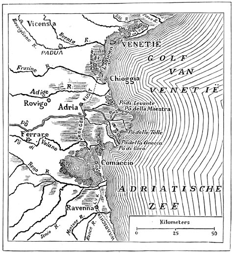 Fig. 102. Geleidelijke vermindering van de zee aan de monding van de Po.