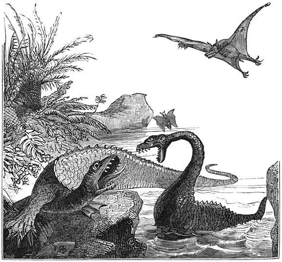 Fig. 212. Tooneel uit de Juraperiode. Ichthyosaurus, plesiosaurus, pterodactylus.