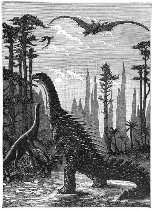 Fig. 228. De dinosauren: Stegosaurus en Compsonotus in een landschap van araucaria’s.
