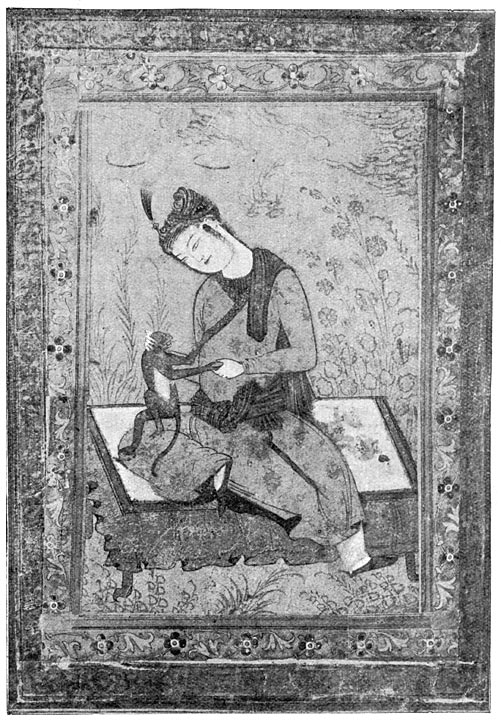 Jonge vrouw met een aap spelend. Perzisch miniatuur uit de 16e eeuw.