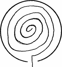 A smooth anticlockwise spiral from the gate to the centre.