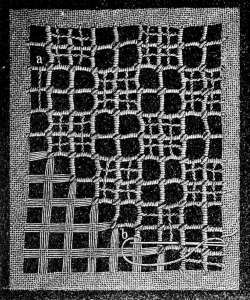 FIG. 101. LATTICE-GROUND FOR SQUARE IN FIG. 105, SHOWING THE COURSE OF THE STITCHES.