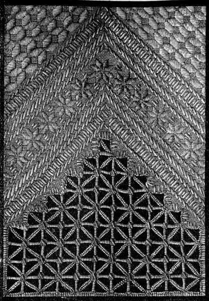 FIG. 104.  LATTICE-GROUND AND DAMASK STITCH FOR SQUARE, FIG. 105.