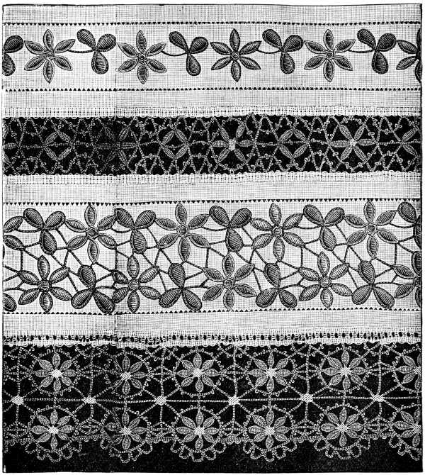 FIG. 220. STRIPES OF EMBROIDERY WITH INSERTION BETWEEN.
