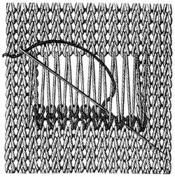 FIG. 374. DARNING ON THREADS STRETCHED OBLIQUELY ACROSS. HOW TO COVER THE OBLIQUE THREADS.