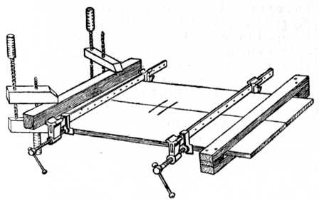 Fig. 27.—Cramping Glued Joints:  Handscrews and Batten shown at left; temporary Batten at right to keep the wood flat.