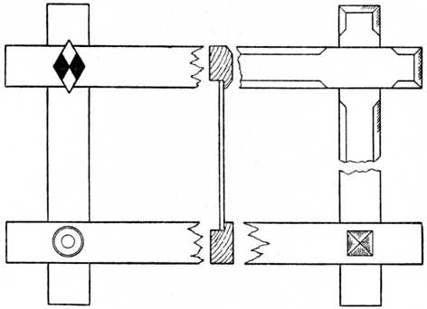 Fig. 61 (A).—Oxford Frame with Halved Joints. (Four alternative corner treatments are given.)
