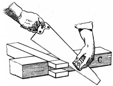 Fig. 92.—Sawing off Waste from Bridle Joint. (See reference on page 39.)