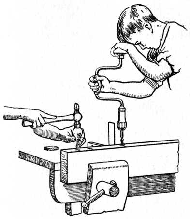 Fig. 194.—Pricking the Centres ready for Boring. Also showing how Brace is used in conjunction with Try Square.