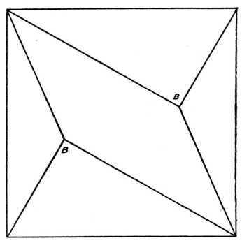 Fig. 398.—Five-piece Square Puzzle. (In     Setting Out, note that the Angles B B     are Right Angles.)