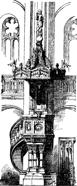 Church architecture, showing pulpit with statuary and windows behind