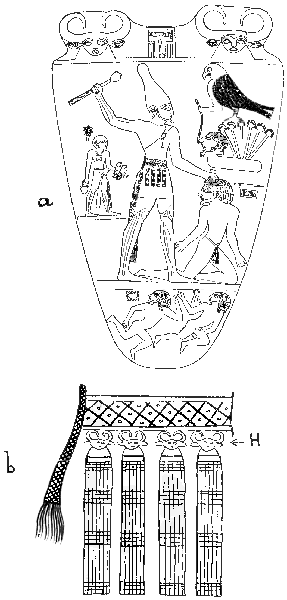 Fig. 18 (a) The Archaic Egyptian slate palette of Narmer showing, perhaps, the earliest design of Hathor (at the upper corners of the palette) as a woman with cow's horns and ears (compare Flinders Petrie, "The Royal Tombs of the First Dynasty," Part I, 1900, Plate XXVII, Fig. 71). The pharaoh is wearing a belt from which are suspended four cow-headed Hathor figures in place of the cowry-amulets of more primitive peoples. This affords corroboration of the view that Hathor assumed the functions originally attributed to the cowry-shell. (b) The king's sporran, where Hathor-heads (h) take the place of the cowries of the primitive girdle.