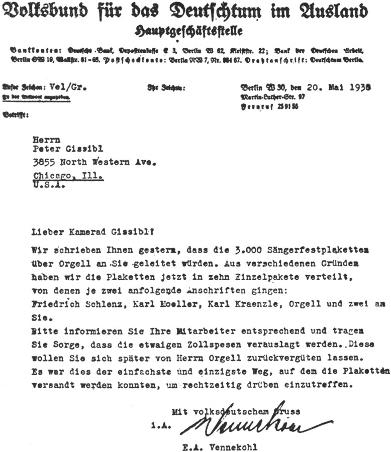 Further evidence of Gissibl's tie-up with the People's Bund for Germans Living Abroad.