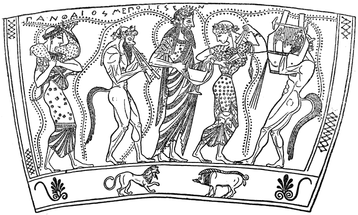 23. Dionysus (Bacchus) met Satyrs en Maenaden.