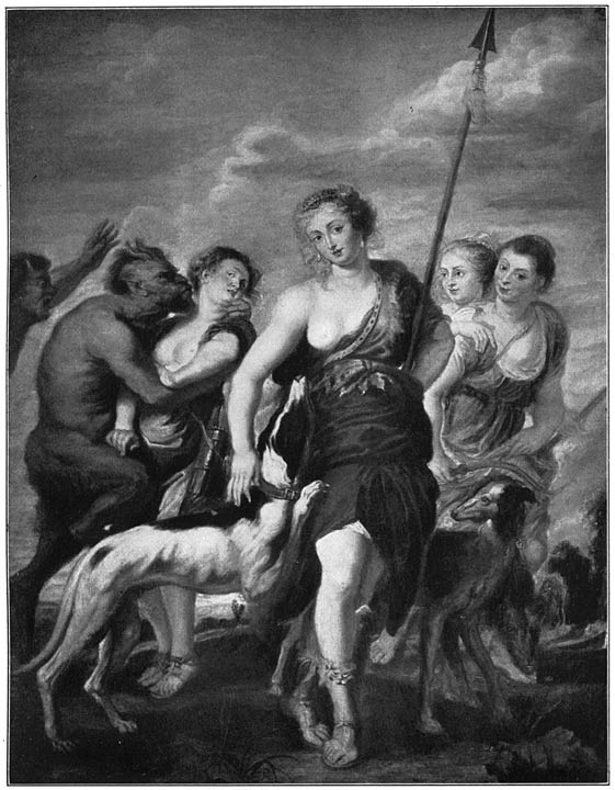 Diana met haar boschnymfen overvallen door Satyrs.