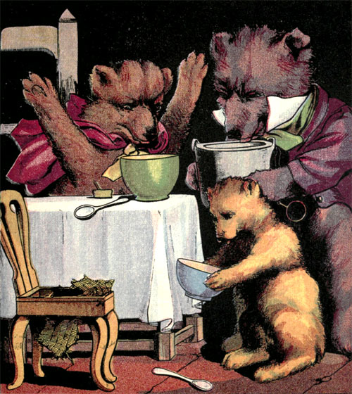 THE BEARS COME HOME AND FIND THEIR PORRIDGE ALL GONE.