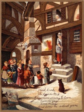 Hark, hark / The dogs do bark / Beggars are coming to town; / Some in jags, / Some in rags, / And some in velvet gowns.