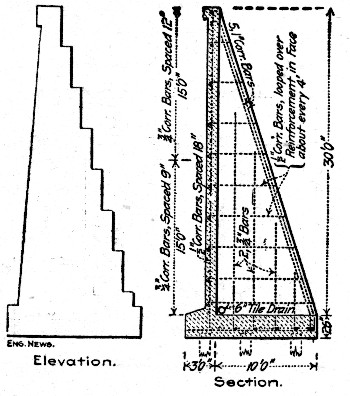 Fig. 98.—Comparison of Plain and Reinforced Sections for Retaining Walls (C. E. Graff).