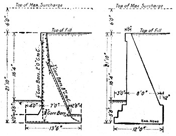 Fig. 99.—Comparison of Plain and Reinforced Sections for Retaining Wall (F. F. Sinks).
