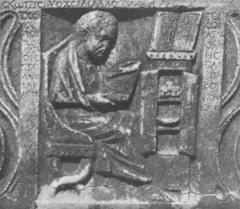 Fig. 13. A Roman reading a roll in front of a press (armarium). From a photograph of a sarcophagus in the garden of the Villa Balestra. Rome.
