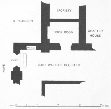 Fig. 21. Groundplan of part of the Abbey of Fossa Nuova. To shew the book-room and book-press, and their relations to adjoining structures: partly from M. Enlart's work, partly from my own measurements.