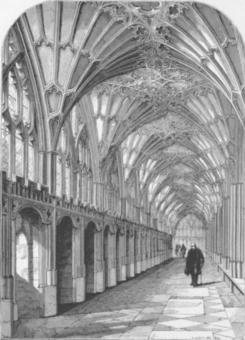 Fig. 29. Range of carrells in the south cloister at Gloucester Cathedral.  (From Mr Murray's Handbook to the Western Cathedrals.)