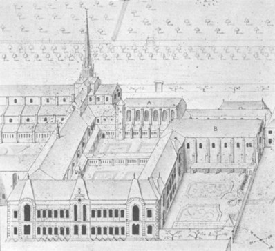 Fig. 33. Bird's-eye view of part of the Monastery of Citeaux. From a drawing dated 1718. A, library; B, farmery.