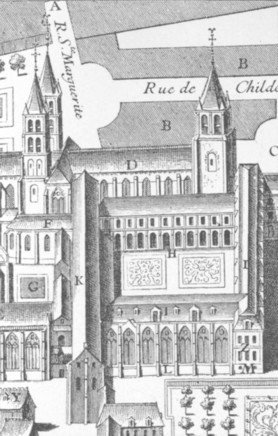 Fig. 37. Part of the Abbey of S. Germain des Près, Paris. From a print in Histoire de l'Abbaye Royale de Saint Germain des Prez, par Dom Jacques Bouillart, fol. Paris, 1724, lettered "l'Abbaye ... telle qu'elle est présentement."