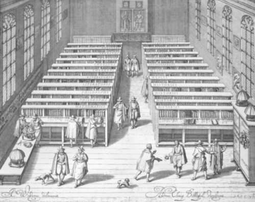 Fig. 69. The interior of the Library of the University of Leyden. From a print by Jan Cornelis Woudanus, dated 1610.