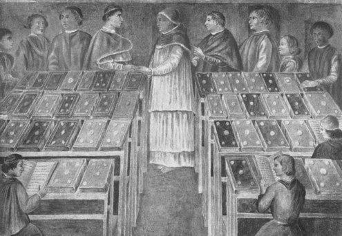 Fig 99. Interior of the Library of Sixtus IV., as shewn in a fresco in the Ospedale di Santo Spirito, Rome. From a photograph taken by Danesi.