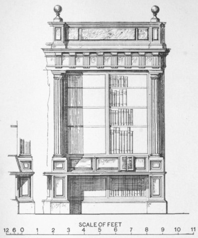 Fig. 119. Elevation of a bookcase, and section of a desk in the Library of the Escõrial.