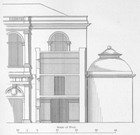 Fig. 126. Part of Wren's elevation of the east side of the Library of Trinity College, Cambridge, with a section of the north range of Nevile's Court, shewing the door to the Library from the first floor.
