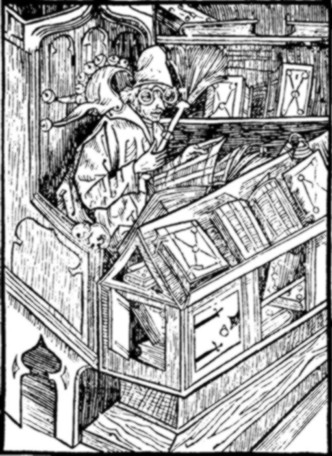 Fig. 138. A bibliomaniac at his desk. From the Ship of Fools.
