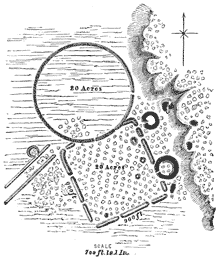 Plan of earthworks with a circular enclosure adjacent to a rectangular enclosure