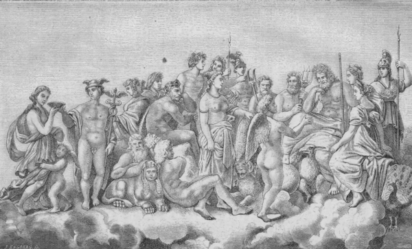 Hebe. Hermes. Hefaistos. Dionysos. Apollon. Ares. Pluton. Poseidon, Zeus, Artemis. Pallas. | Herakles. Afrodite. Eros. Here.