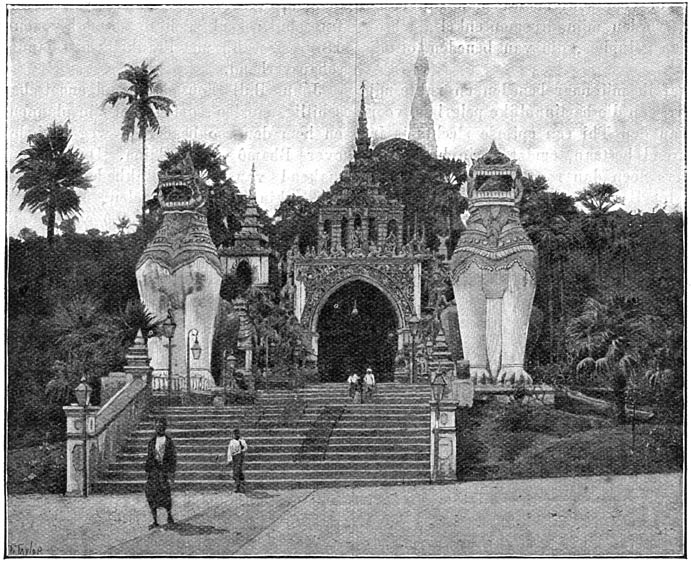Ingang der pagode van Rangoen met de dieren uit de fabelleer.