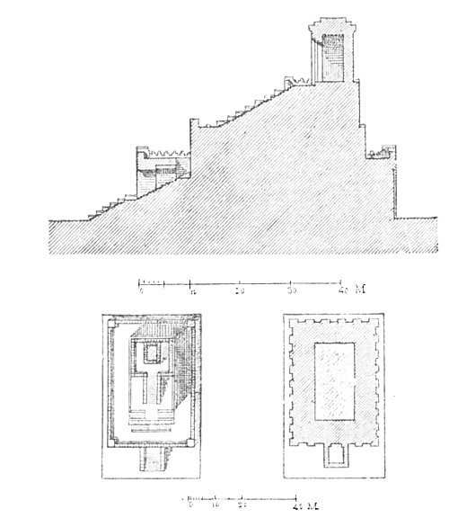 Figs. 169-171.—Longitudinal section, plan and horizontal section of the rectangular type of Chaldæan temple.