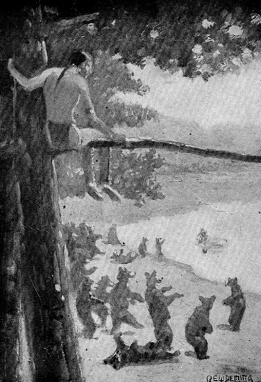 THE STRANGER WATCHES THE LAUGH-MAKER AND THE BEARS.  [Frontispiece. See page 189