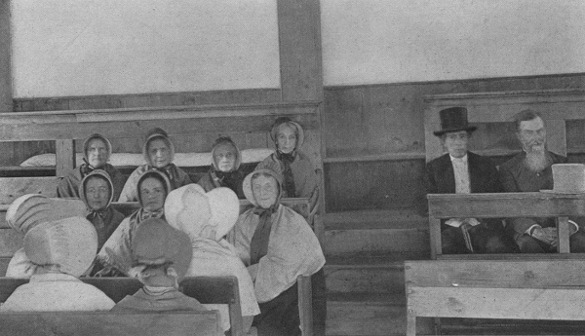 INTERIOR OF OBLONG MEETING HOUSE On the "facing seats" are: Olive Hoag, Roby Osborn, Betsy Post, Richard Osborn, John L. Worden