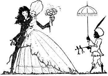 Image of man and woman being followed by a young man with a parasol and a toy.