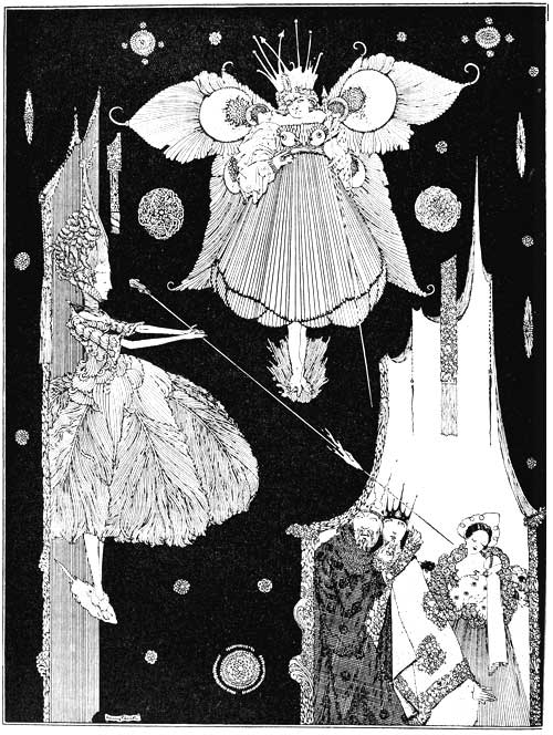 Image of the line "At this very instant the young fairy came out from behind the hangings" (page 50)