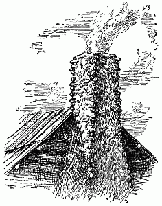 A cat-and-clay chimney, made of small split sticks embedded in layers of clay mortar.