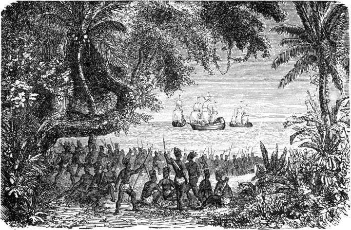 Op Vrijdag-morgen, 12 October 1492, aan de kust van het Watlings-eiland.