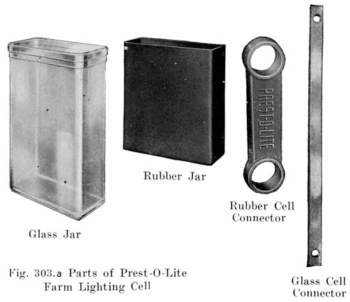 Fig. 303a Parts of Prest-O-Light farming light cell: glass jar, rubber jar, rubber cell connector, glass cell connector