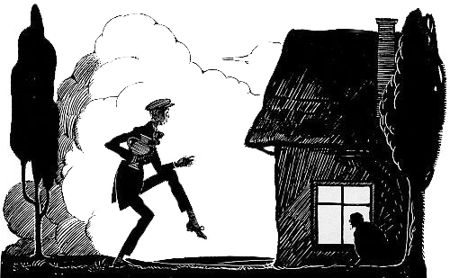 A HEAD SILHOUETTED AGAINST ONE OF THE GLOWING WINDOWS