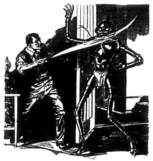 A human man fires upon a metal man.