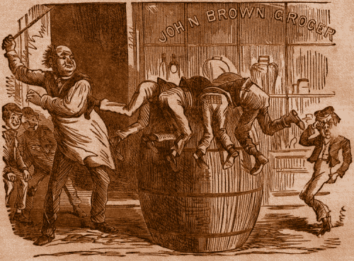 Mr. Brown caning boys stealing sugar.