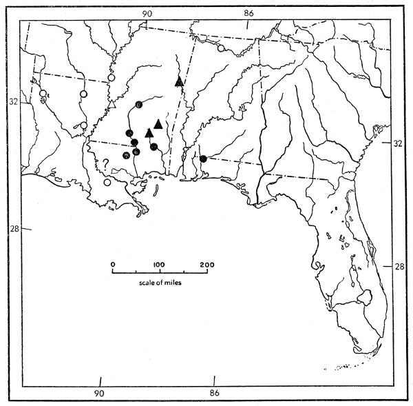 Fig. 1. Map of southeastern United States showing record stations of Trionyx muticus calvatus (solid symbols) and Trionyx m. muticus (open symbols). Circles indicate specimens examined; triangles indicate records in the literature. The question mark refers to a specimen bearing catalogue number 17236 in the collection of Tulane University (see comments on page 524 concerning No. 17236 from the Amite River).